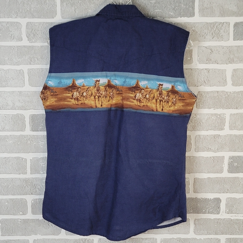 Wrangler Navy Blue Sleeveless Button-Down Shirt with Western Scene - Picture 2 of 9
